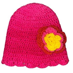 Beanie Hat Women's OS Pink Crochet Handmade Flower Scalloped Hem NEW‎